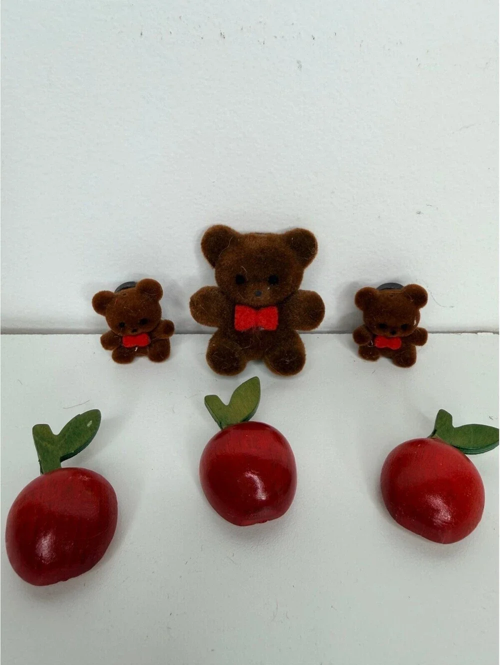 Vintage teddy bear and wood apple magnet set